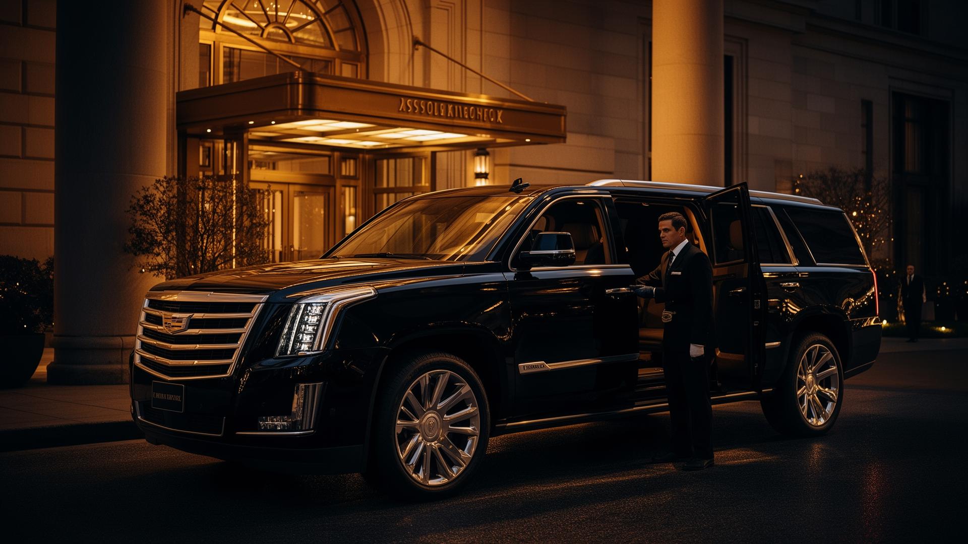 Black Cadillac Escalade luxury SUV with chauffeur at upscale hotel entrance — Princeton Car Service